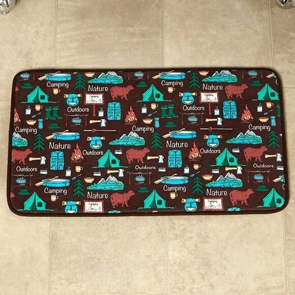 Campsite Memory Foam Bath Rug Fishing Tents Canoes Bears Camp Fire on Brown Mat - Picture 1 of 2